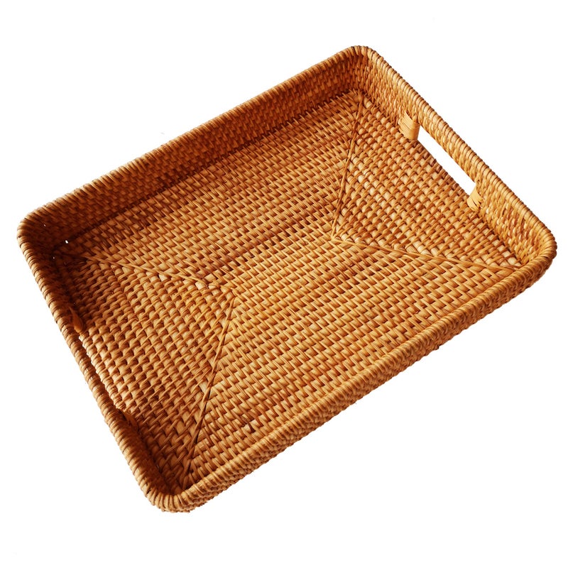 i-lan 15 Inch Large Size Handwoven Serving Tray, Decorative Rectangular Rattan Basket Bread Trays with Handles and 2.3â€Wall, Vintage Organizer Plate Wicker Basket Tray for Dessert, Snack, Candy, L - Image 1